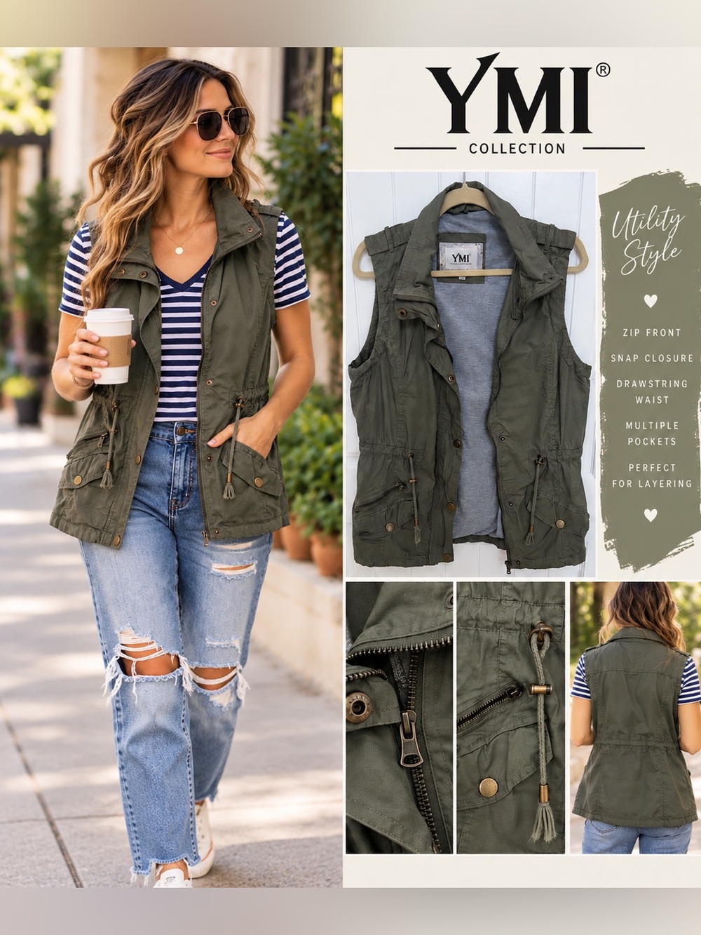 YMI Olive Green Utility Vest with Drawstring Waist